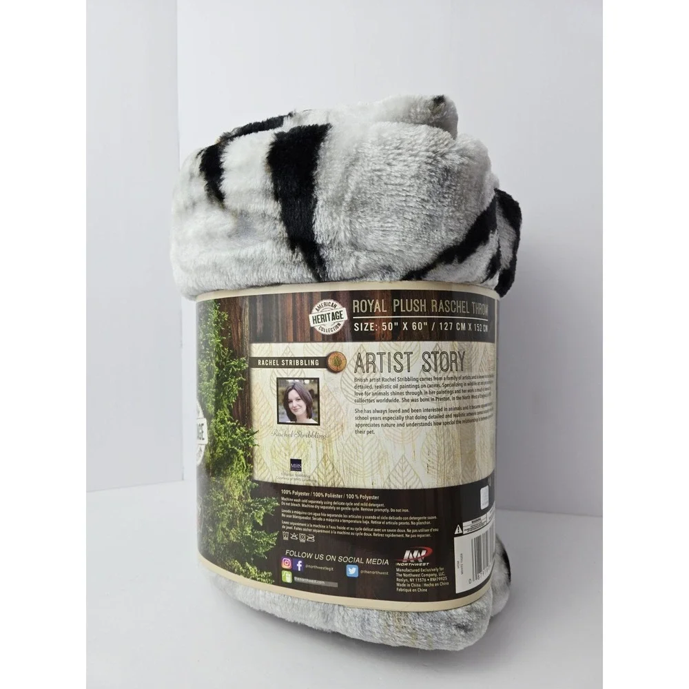 NEW American Heritage Collection White Tiger Royal‎ Plush Raschel Throw 50